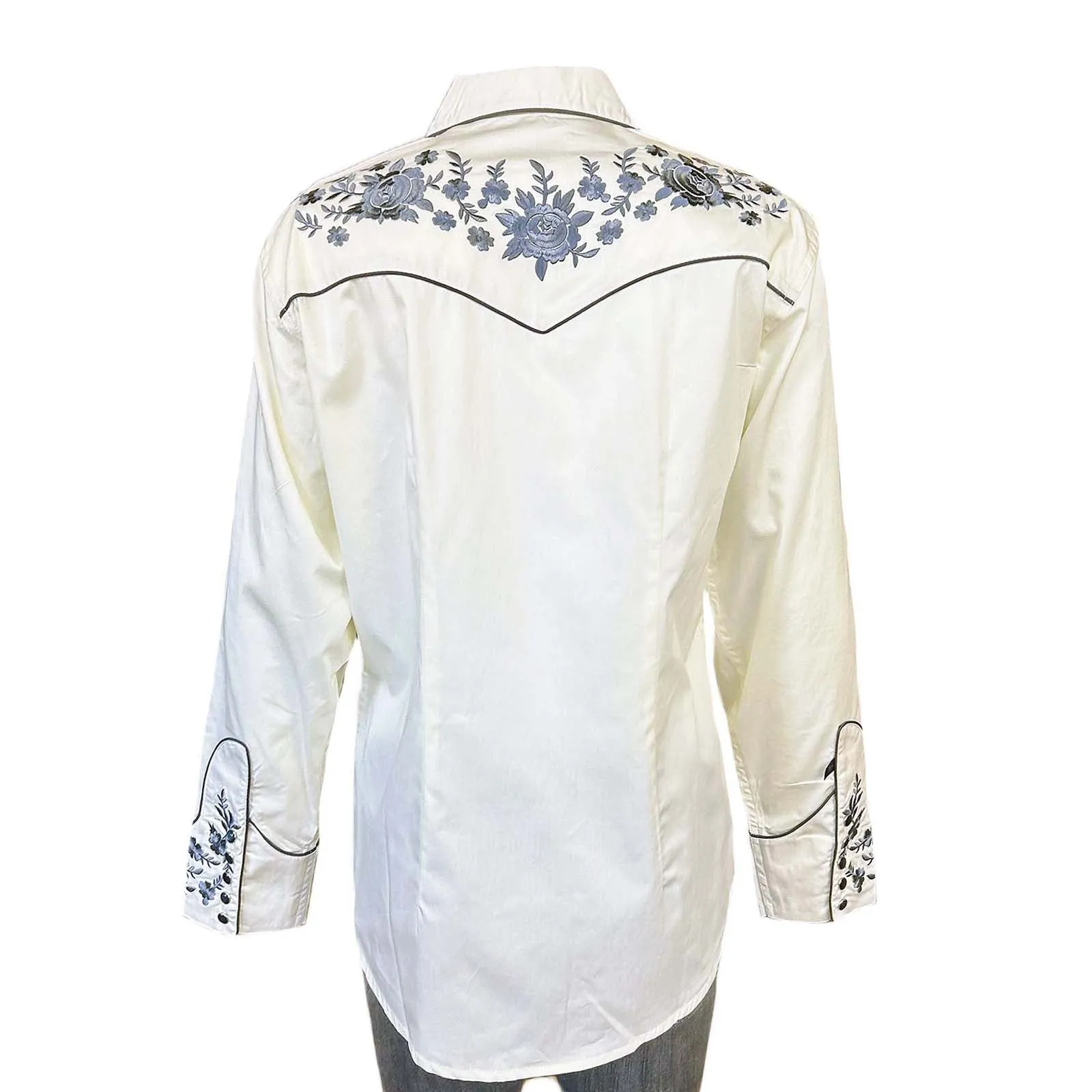 Women's Vintage Cascading Floral Embroidery Ivory Western Shirt