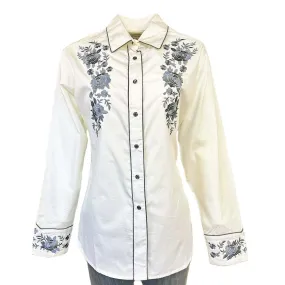 Women's Vintage Cascading Floral Embroidery Ivory Western Shirt